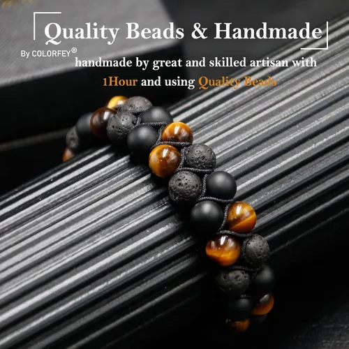 Miniatura 4 de Pulsera de triple protección para hombres y mujeres, auténtico ojo de tigre, ónix negro y roca de lava de 0.315 in, hecha a mano, pulsera de cuentas