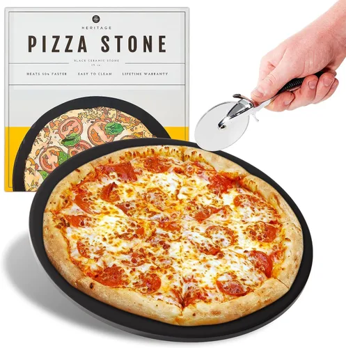 Heritage - Piedra para pizza, piedras de cerámica para hornear de 15 pulgadas para uso en horno, antiadherente, sin manchas, juego de cortador para