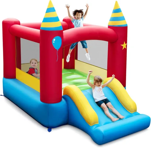 Miniatura 14 de HONEY JOY Casa inflable de rebotes, luna inflable para niños con tobogán, área gigante de saltos, fosa de pelotas oceánicas, aro de baloncesto