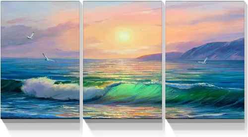 Miniatura 13 de YONICA Lienzo decorativo de 3 paneles para decoración del hogar, mar azul, puesta de sol y playa, pintura, impresión sobre lienzo, paisaje marino