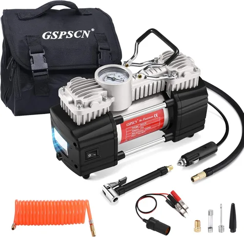 Inflador de neumáticos portátil GSPSCN Bomba de compresor de aire de metal resistente 12V | 6X Faster Inflation Double Cylinder 150Psi with