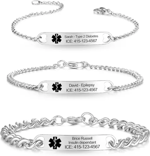 Kurafeel Pulseras de alerta médica personalizadas para mujeres, hombres y niños, cadena cubana grande de 0.315in, pulseras de identificación médica,