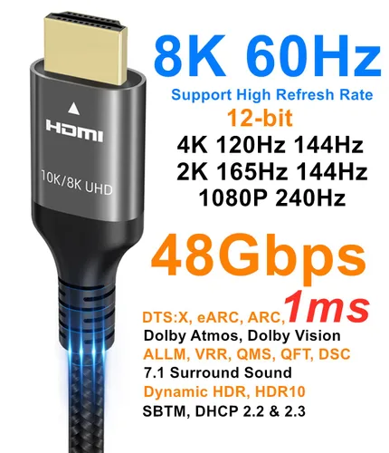 Miniatura 3 de Ubluker Cable HDMI de 10K 8K 4K 4K 48Gbps 1.5 pies, cable HDMI de ultra alta velocidad certificado 4K 240Hz 144Hz 120Hz 8K60Hz 0.01ms HDR10+ eARC