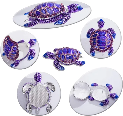 Miniatura 7 de YU FENG Caja de joyería de figura de tortuga marina con bisagras coleccionables de cristal con bisutería decorativa de tortuga de animales (morado)