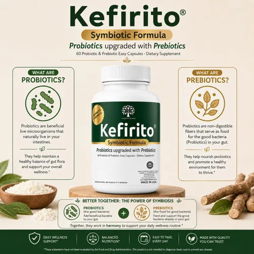 Miniatura 11 de Kefirito Daily Symbiotic Formula – Suplemento diario probiótico + prebiótico, 60 cápsulas – Absorción equilibrada de nutrientes y apoyo de comodidad