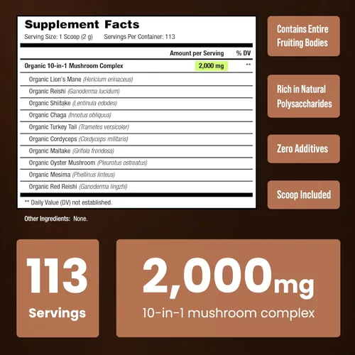 Miniatura 6 de NutraChamps Polvo orgánico de hongos – Complejo 10 en 1 – Mezcla de polvo de suplemento de hongos para memoria, concentración y apoyo inmunológico