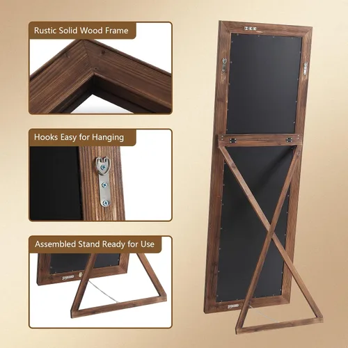 Miniatura 6 de Espejo de longitud completa de granja rústica, 64"x21" con marco de madera para piso, espejo independiente apoyado contra la pared para dormitorio