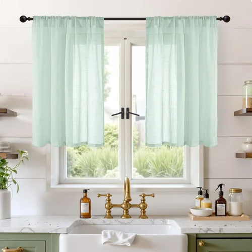 Miniatura 105 de BGment Cortinas de lino café de 30 pulgadas de largo para ventana pequeña, cortinas de media ventana beige semitransparentes ligeras con bolsillo