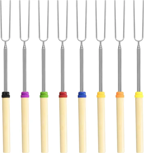 Miniatura 11 de Juego de 5 palitos para asar malvaviscos, brochetas extensibles de metal de 32 pulgadas de largo con mango de madera, para malvavisco, perros