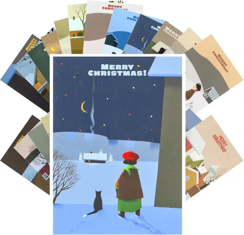 Miniatura 10 de PIXILUV Postales vintage (24 piezas 4"x6" cada una) Personas esquiando en montañas nevadas en Navidad Postales vintage de Navidad Tarjeta