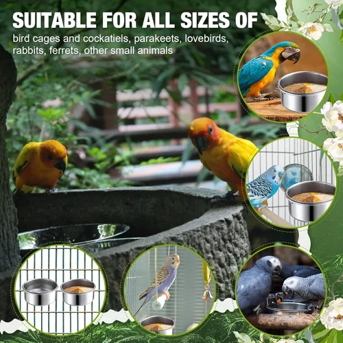 Miniatura 6 de Sabary Paquete de 6 cuencos de alimentación para pájaros, platos de agua de acero inoxidable con abrazadera de 10 onzas, comedero de agua