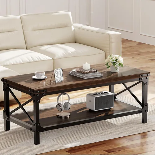 Miniatura 7 de Mesa de café rectangular para sala de estar, mesa de café rectangular de madera, mesa central moderna de 2 niveles de color marrón oscuro con Nogal