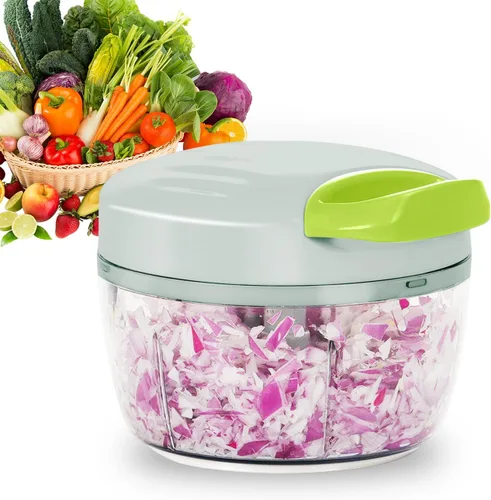 Procesador manual de alimentos, picadora de verduras, 2.3 tazas, mini, tirador de cuerda, picador de cebolla, picadora de ajo, cortador con 3