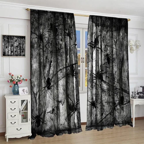 Miniatura 4 de Cortinas de bosque espeluznante, arañas góticas de bosque con niebla, árboles muertos, telarañas de telarañas de Halloween, estilo de fiesta