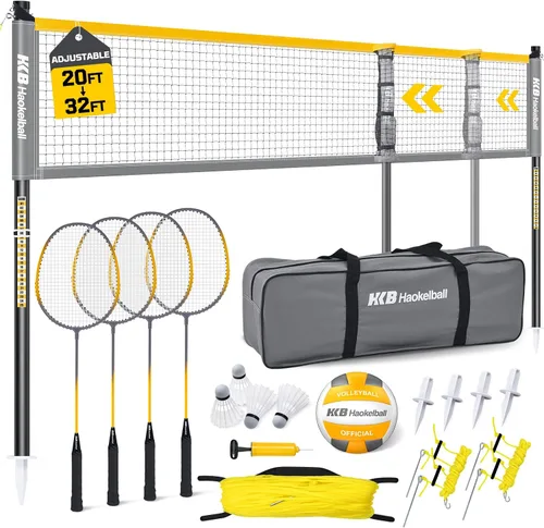 Haokelball Combo de red de voleibol de bádminton – Ancho ajustable de 20 a 32 pies y altura, con 4 raquetas, volantes, voleibol, línea límite, bolsa