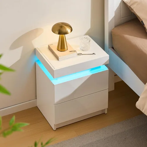 Miniatura 7 de CLIPOP Moderna mesita de noche, mesita de noche LED con 2 cajones de alto brillo, armario de mesita de noche con luz de control remoto, mesita
