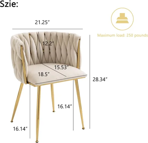 Miniatura 3 de Nrizc Juego de 2 sillas de comedor de terciopelo, sillas de comedor tapizadas tejidas con patas de metal dorado, sillas decorativas modernas