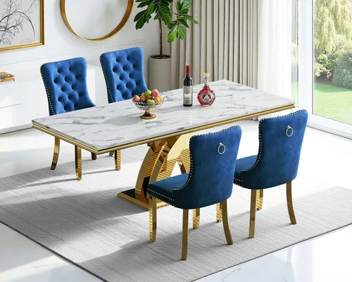 Miniatura 43 de Moderno juego de mesa de comedor de mármol sintético de 68.11 pulgadas para 6, mesa de comedor de mármol blanco y plateado con 6 sillas de Blanco