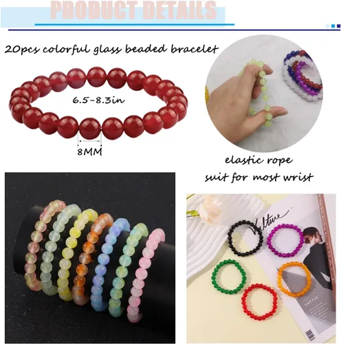 Miniatura 4 de FINZOR 24 pulseras elásticas de cuentas de 0.315 pulgadas hechas a mano para mujer, pulsera elástica de cuentas multicolor mate para mujer, pulsera