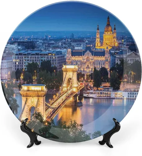 XISUNYA Plato decorativo de 6 pulgadas, placa de porcelana con paisaje urbano, puente histórico antiguo en Budapest, impresión tradicional europea,