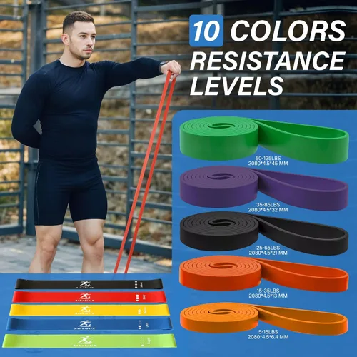 Miniatura 6 de Athletix - Juego de 10 bandas de resistencia Niveles pesados a ligeros para fuerza, glúteos, piernas, pilates, yoga, estiramientos, bandas