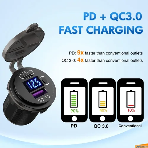 Miniatura 4 de Nilight Enchufe USB PD tipo C y QC 3.0 USB de carga rápida 12V 24V Enchufe de coche Voltímetro Interruptor de encendido/apagado Kit de alambre