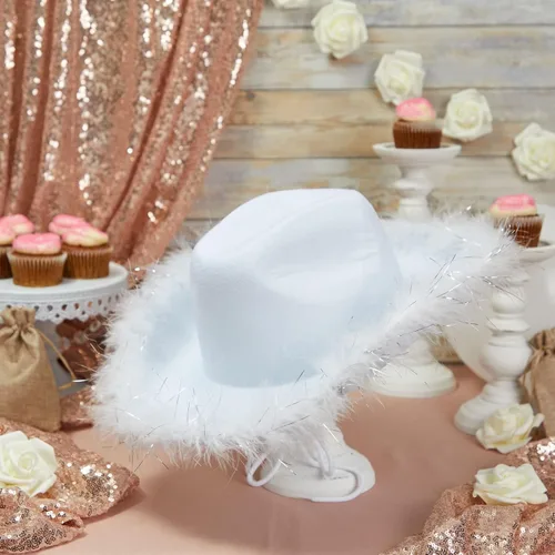 Miniatura 3 de Zodaca Sombrero de vaquero blanco para hombres y mujeres con plumas, sombrero de vaquera esponjoso de fieltro occidental para disfraz de Halloween