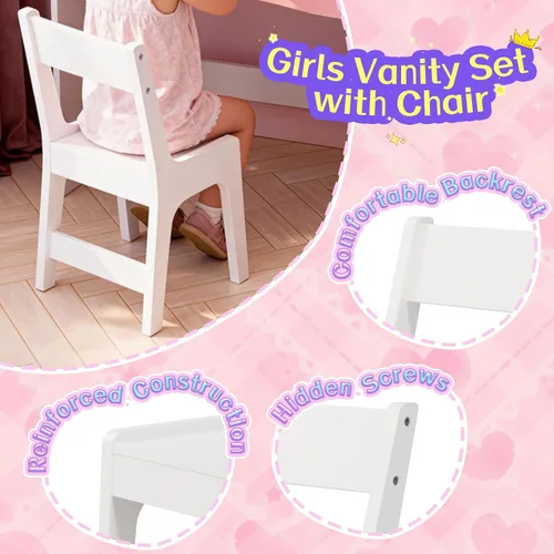 Miniatura 6 de Teckid Juego de mesa y silla para niños con luces, escritorio de tocador para niñas, tocador de maquillaje de princesa para niños con estantes