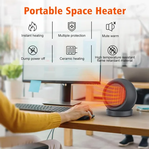 Miniatura 3 de Coolfor Calentador de espacio, calentador eléctrico de escritorio de cerámica PTC, ventilador de calefacción de alto rendimiento para el hogar, Gris