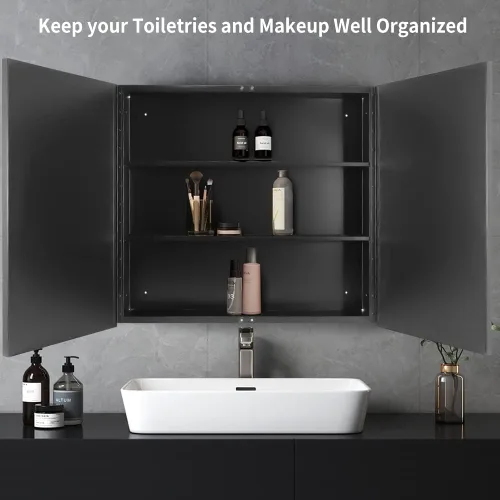 Miniatura 4 de Movo - Gabinete de medicina de baño de 30 x 27 pulgadas con marco de metal negro estilo casa de campo, empotrado o de superficie, con espejo