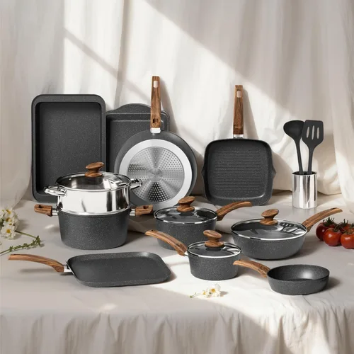 Miniatura 8 de DishDelight Juego de ollas y sartenes antiadherentes, 17 piezas de utensilios de cocina de granito con revestimiento de granito antiadherente, juego