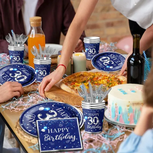 Miniatura 4 de GREHUMOR Juego de 142 piezas de cubiertos y mantel para decoración de cumpleaños número 30, plateado y azul, suministros de fiesta de cumpleaños