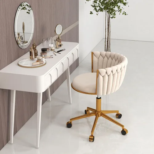 Miniatura 3 de ABET - Silla de tocador con ruedas, pequeña silla de oficina de terciopelo, taburete de maquillaje semi-circular tejido a mano para mujeres