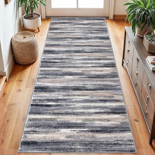 Miniatura 129 de Lansny Alfombra moderna abstracta de 2 x 5 pies, color negro, gris, blanco, lavable, alfombra de entrada para cocina, alfombra antideslizante suave