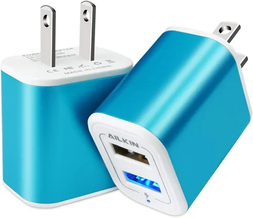 Cargador de pared con enchufe USB, bloque de carga, paquete de 2 unidades AILKIN 2.1A de carga rápida, adaptador de corriente de doble puerto, caja