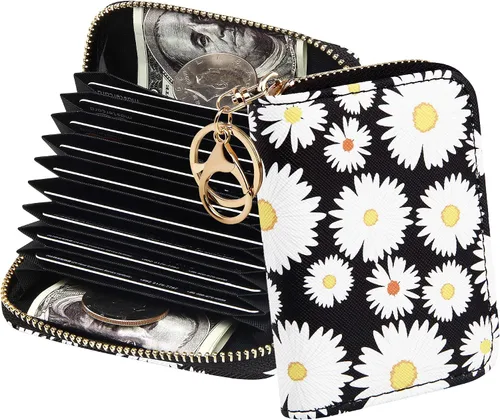 OIDERY Tarjetero de tarjeta de crédito RFID, estuche de tarjeta de acordeón con llavero para niña, cartera pequeña para mujeres con cremallera, Card