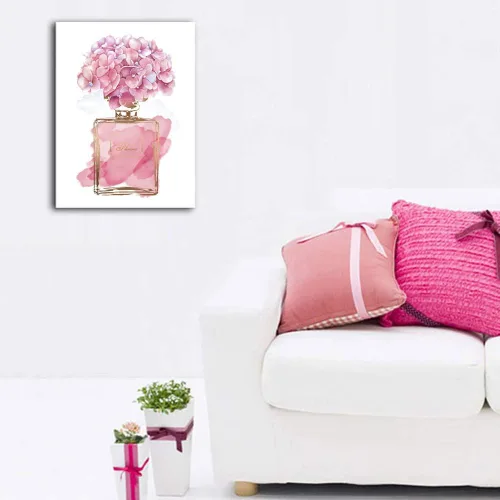 Miniatura 3 de Arte de pared de flores rosadas, lienzo de moda, cuadros de decoración de pared para dormitorio de niñas, acuarela, hortensia, lienzo contemporáneo