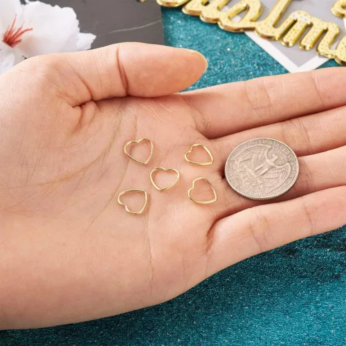 Miniatura 5 de Mega Pet 5 anillos de latón en forma de corazón, chapados en oro de 14 quilates, dije de latón de corazón hueco de San Valentín, dijes colgantes