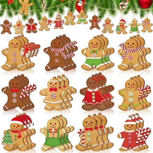 Ferraycle 36 adornos navideños de pan de jengibre, decoraciones de árbol de Navidad, decoraciones de 3 pulgadas, adornos colgantes de madera para
