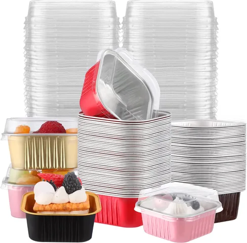 Skylety 100 Piezas Moldes para Hornear Cuadrados Mini de 5 oz con Tapa Molde de Lámina de Aluminio para Magdalenas Molde para Brownies Moldes Varios