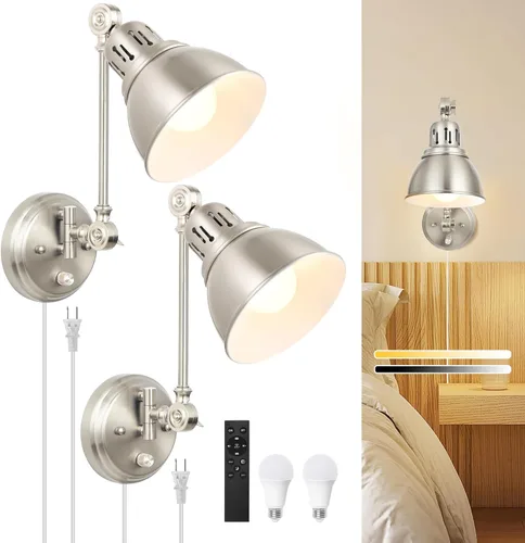 Miniatura 13 de GOODATE ENCOMLI - Juego de 2 apliques de pared enchufables con interruptor de encendido y apagado regulable, lámpara de pared con brazo oscilante