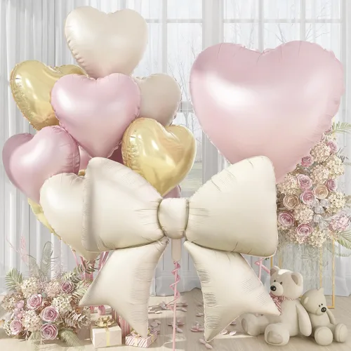 Miniatura 15 de Globos de Corazón Beige Neutro de 30", Globos de Papel de Aluminio con Lazo Grande, 10 Piezas de Globos Gigantes de Lazo Crema de 38" con Juego