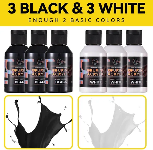 Miniatura 4 de OPHIR Total 22.8OZ Set de Pintura Acrílica para Verter, 3 Suministros de Pintura Acrílica Premezclada para Verter en Negro y 3 en Blanco, para Juego