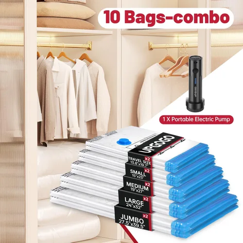 Miniatura 2 de Bolsas de almacenamiento al vacío UPGOGO con bomba eléctrica portátil, bolsas de sellado al vacío para ropa, bolsas de ahorro de espacio, bolsas