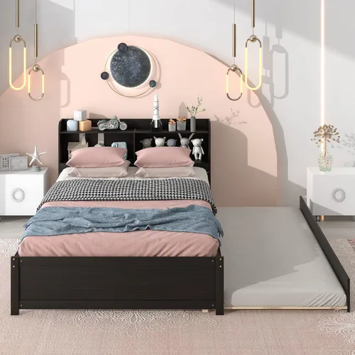 Cama matrimonial con nido y estantería, base de cama de plataforma con almacenamiento para niños, sin ruido, no necesita somier, fácil montaje
