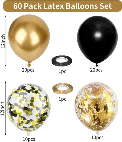 Miniatura 2 de Globos negros dorados, paquete de 60 globos de látex de 12 pulgadas negros metálicos cromados dorados con globo de confeti dorado para hombres