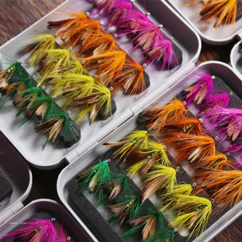 Miniatura 5 de Juego de 40 moscas de pesca, señuelos de mariposa, atados a mano, trucha, lubina, mosca, surtido con caja de moscas para pesca con mosca, lubina