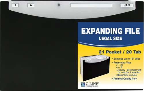 Miniatura 2 de C-Line Archivo expandible de diseño de pie de 21 bolsillos, expansión de 12 pulgadas, 21 secciones, pestañas de corte 1/5, tamaño legal, negro
