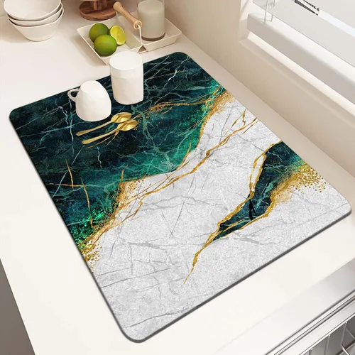 Miniatura 14 de MCALK Tapete de secado de platos negro mármol para encimera de cocina, almohadilla de secado de platos dorada con base de goma antideslizante