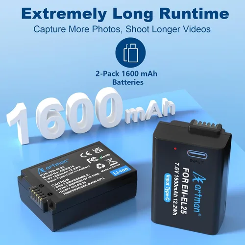 Miniatura 2 de Artman EN-EL25 EN-EL25A - Batería de 1600 mAh, paquete de 2 con cable de carga rápida USB-C compatible con cámara Nikon Z50 ii Z50 Z30 ZFC, batería